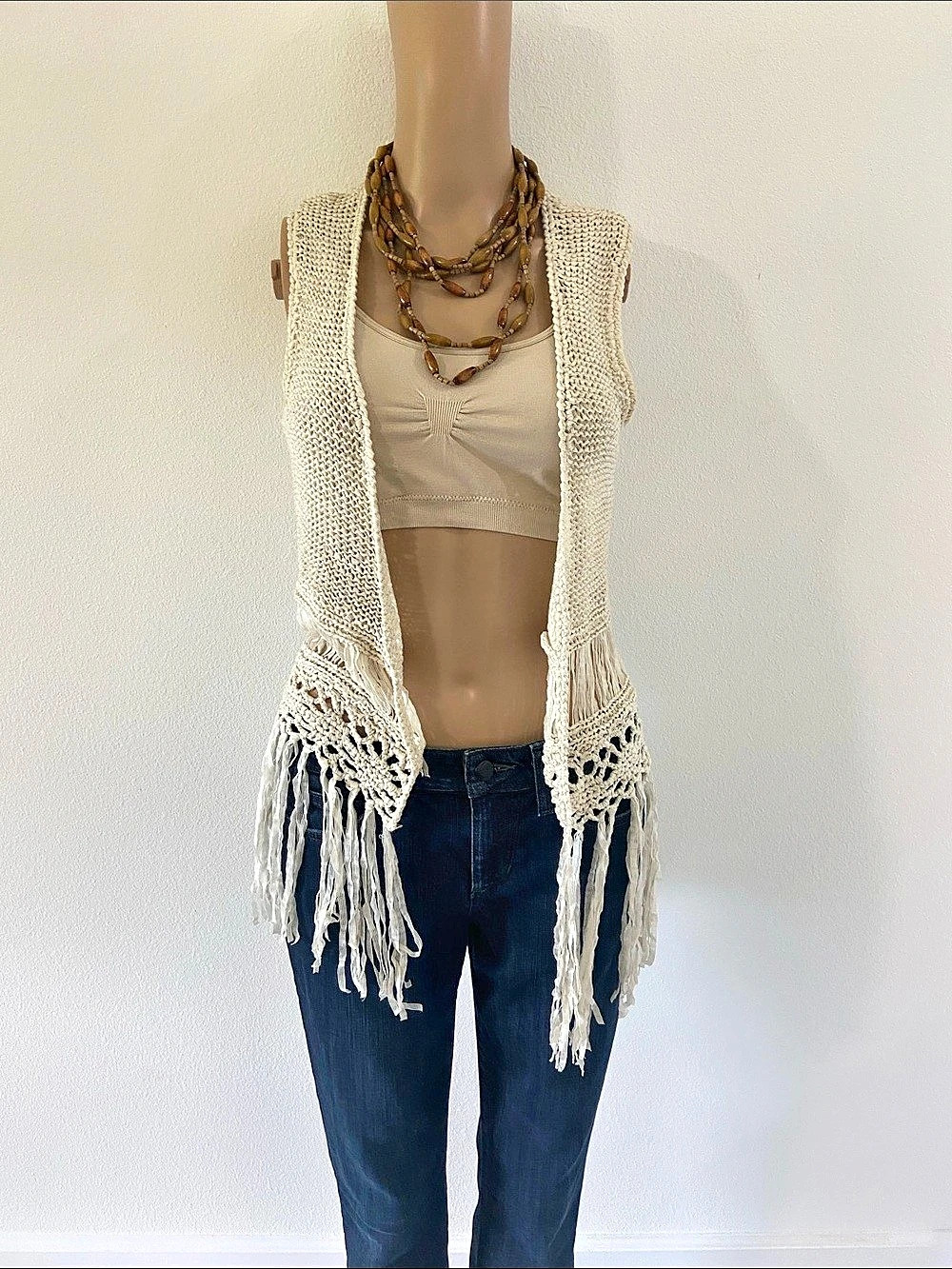 FANG Boho Fringe Crochet Knit Vest in Cream Size Medium